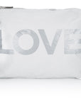 Shimmer white with silver "LOVE" medium zipper pack