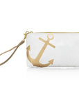 zipper wristlet in white with gold anchor