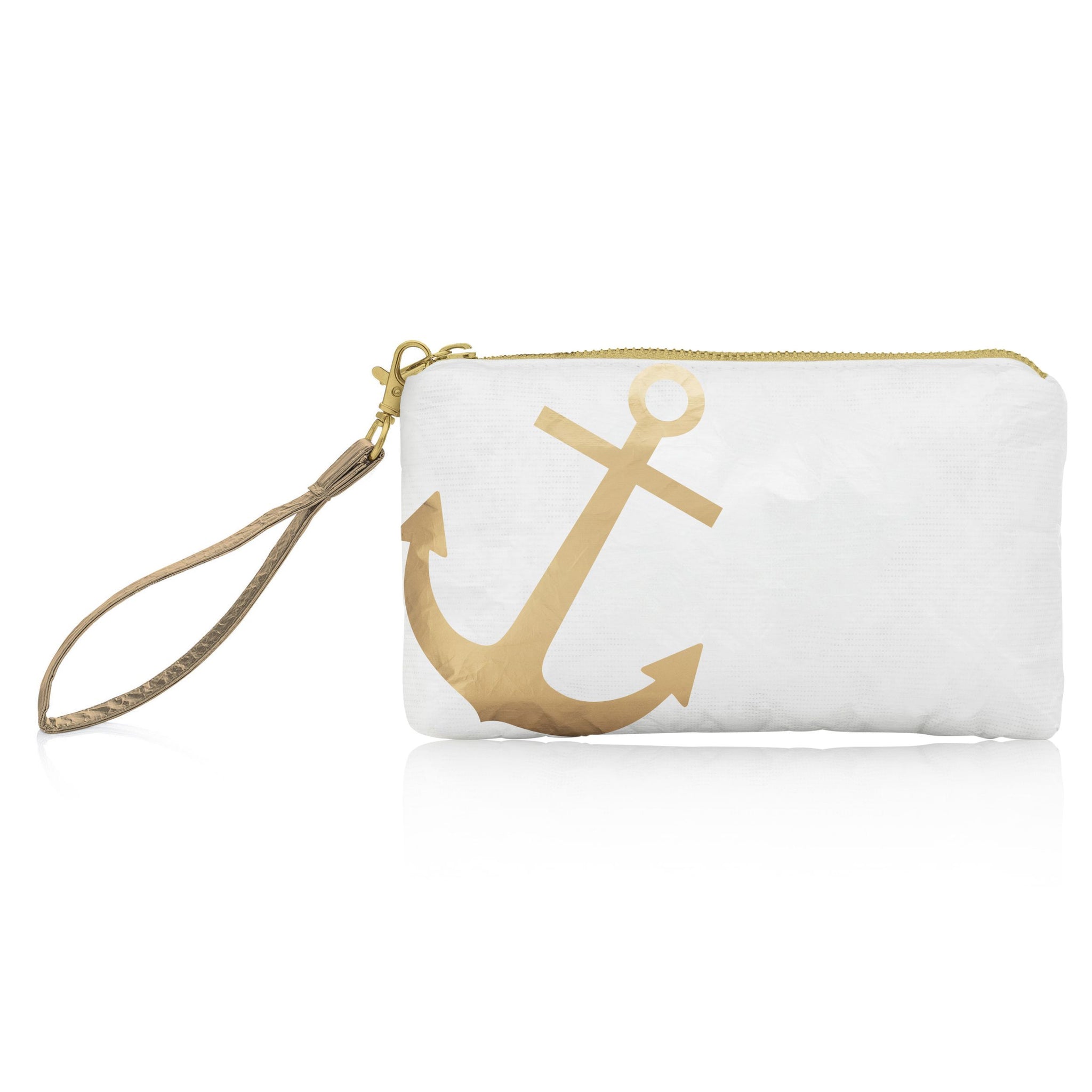 zipper wristlet in white with gold anchor