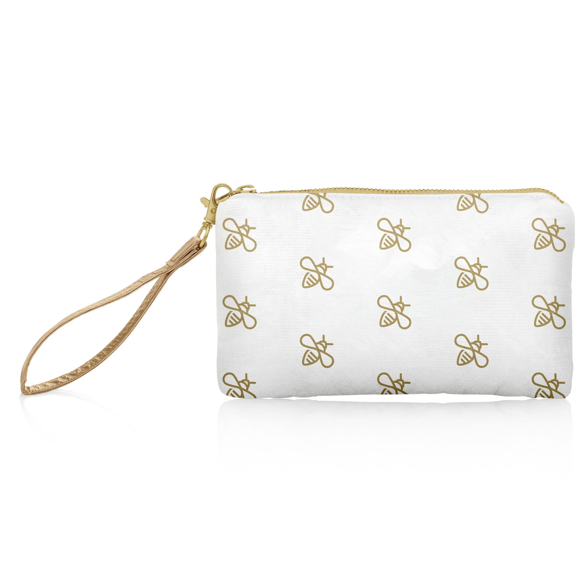 Zip Wristlet in Shimmer White with Gold "Busy Bees"