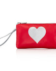 Zip wristlet in crimson red with a silver heart and silver wrist strap