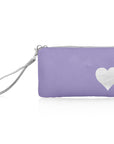 A shimmer purple wristlet wallet with a silver heart on it, featuring a detachable silver wrist strap on white background