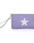 Zip wristlet in shimmer purple with silver star on white background