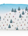 Medium zipper pouch with skiers and snowboarders skiing down a mountain with blue sky