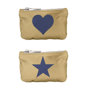 Set of Two Gold Gift Card Holder Zipper Pouches with Navy Heart & Star