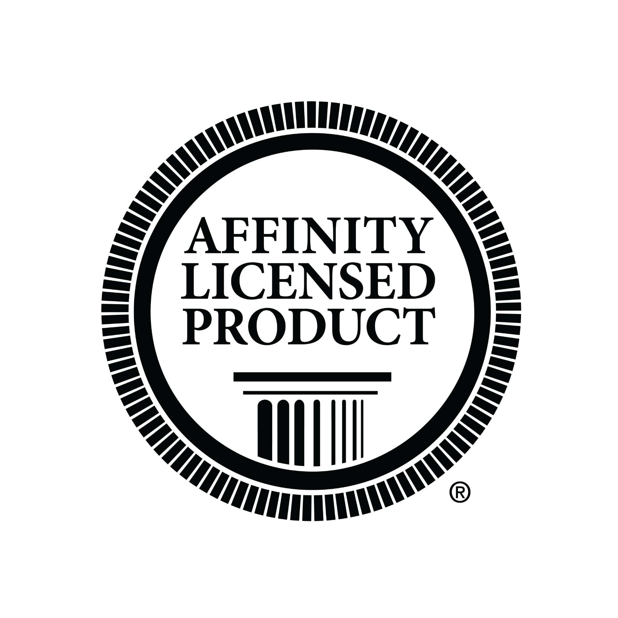A black circular 'Affinity Licensed Product' badge with a classical column graphic and registered trademark symbol, centered on a white background.