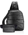 Puffer crossbody backpack and puffer fanny pack in shimmer black