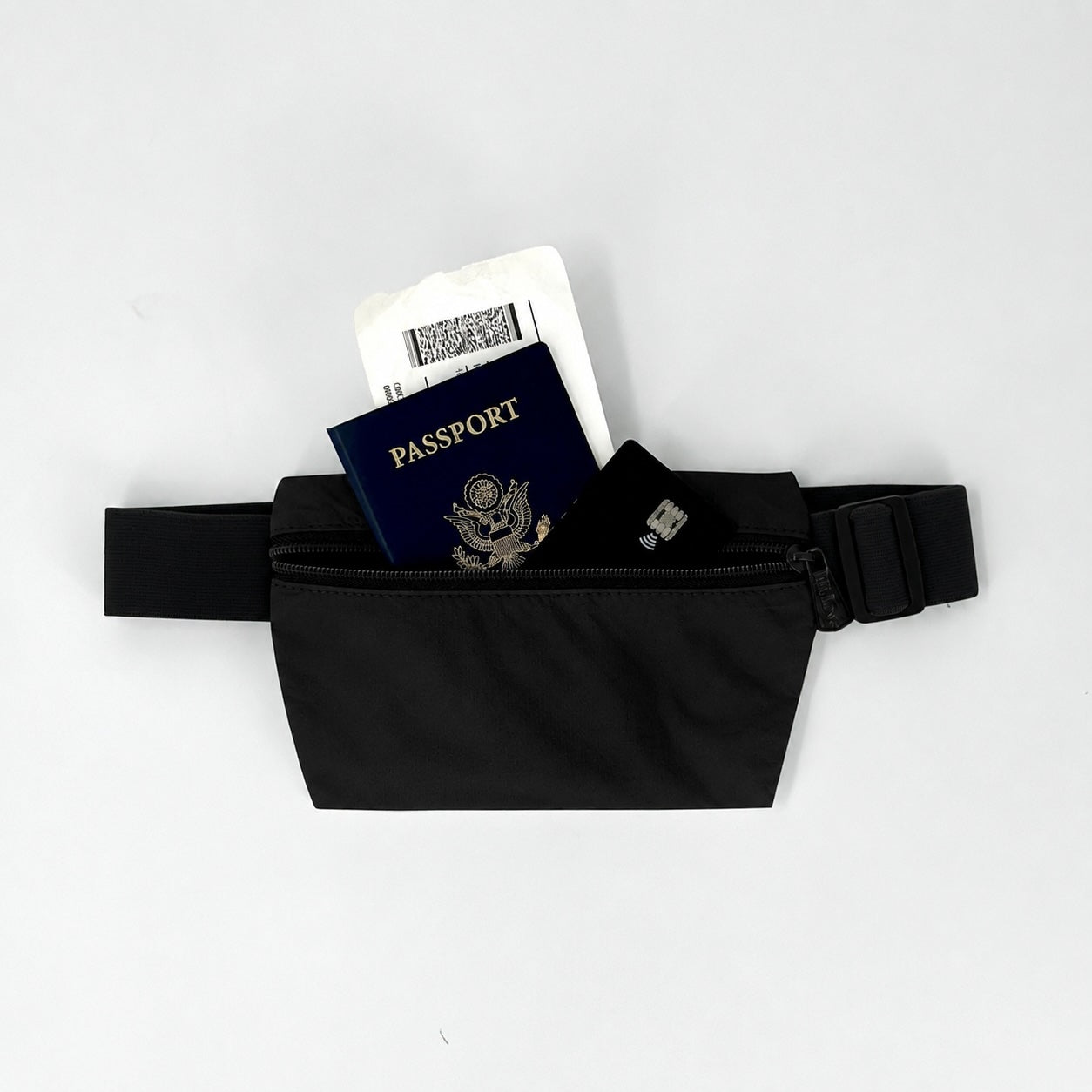 Black belt bag with passport and ticket on a white background