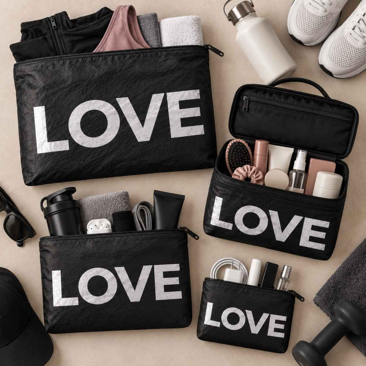 Set of four black travel pouches with silver LOVE text with various workout and beauty items on beige background