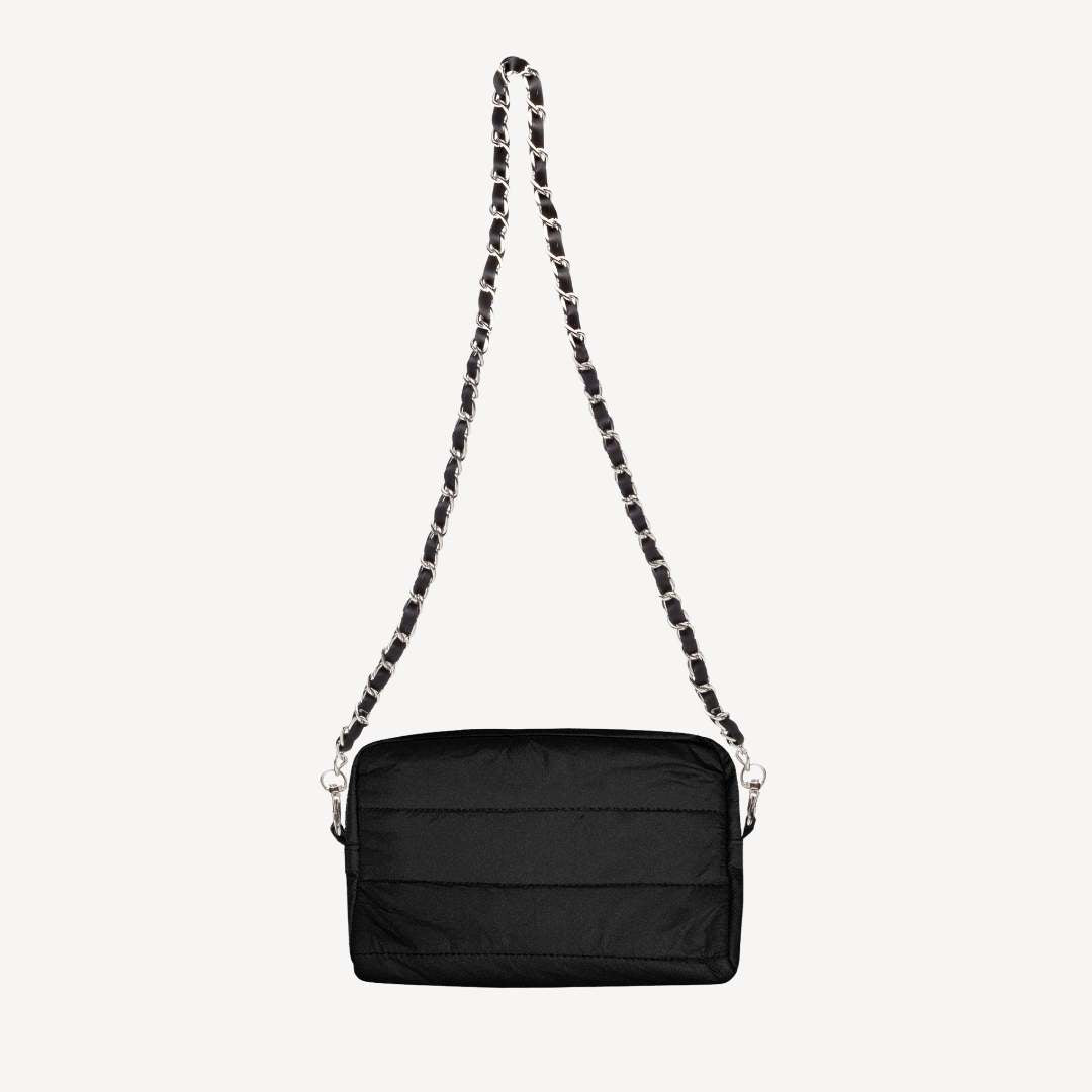 Black crossbody purse with a chain strap on a white background