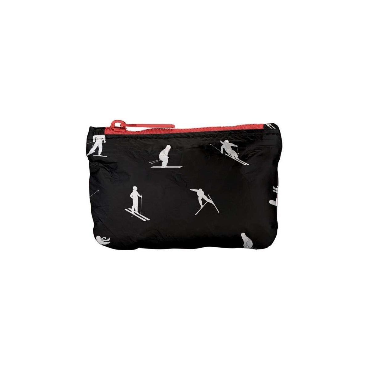 A black zippered pouch featuring a white ski and skier pattern, with a red zipper and red zipper pull, shown against a plain white background.