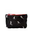 A black zippered pouch featuring a white ski and skier pattern, with a red zipper and red zipper pull, shown against a plain white background.