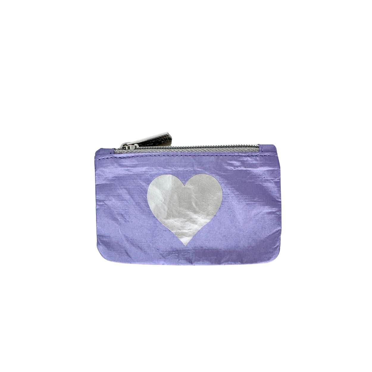 Purple pouch with a silver heart design on a white background