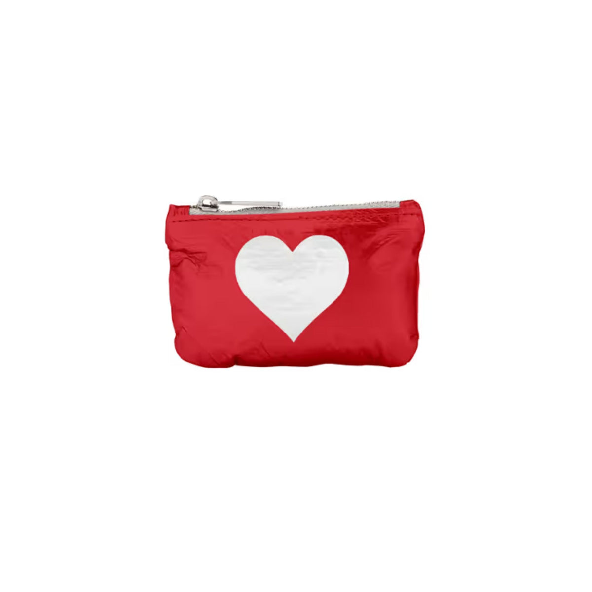 A small red zippered pouch with a large white heart printed on the front, shown against a plain white background.