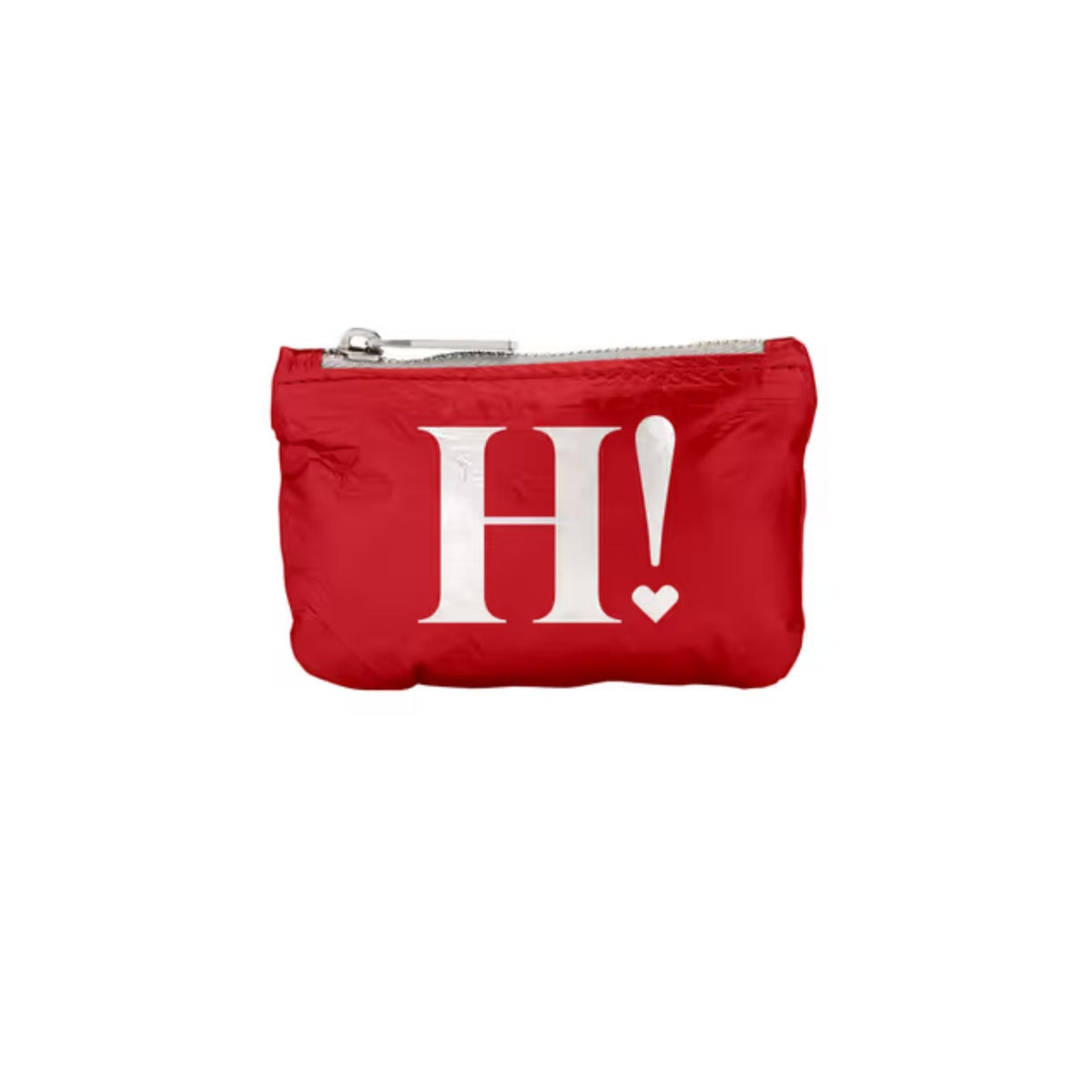 A red zippered pouch featuring a large white 'H!' with an exclamation mark and a small heart on the front, set against a plain white background.