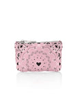 Pink pouch with black heart bandana design on a white background