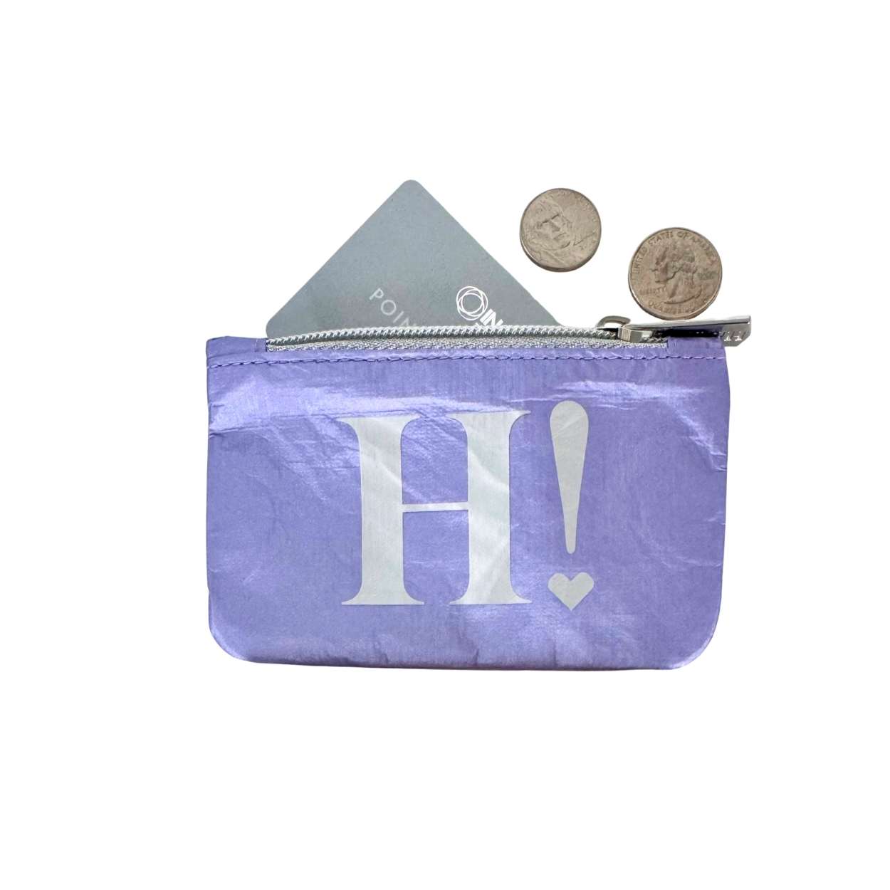 Purple coin purse with 'H!' design on a white background