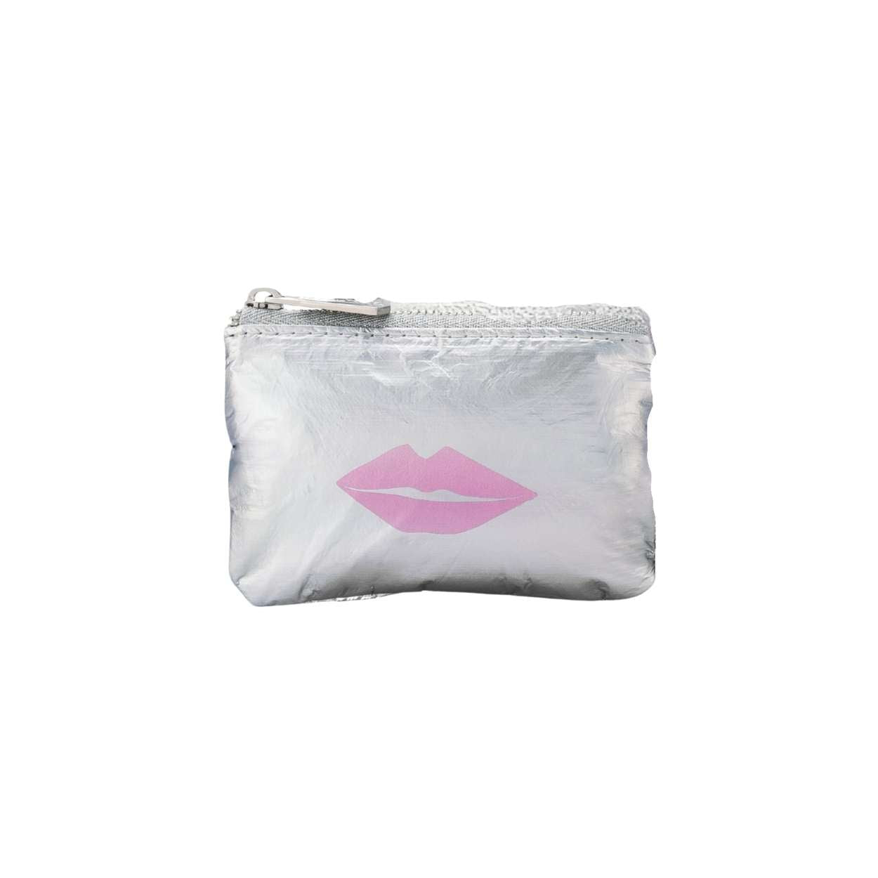 Mini zipper pouch silver with pink lips on white background