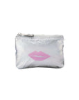Mini zipper pouch silver with pink lips on white background
