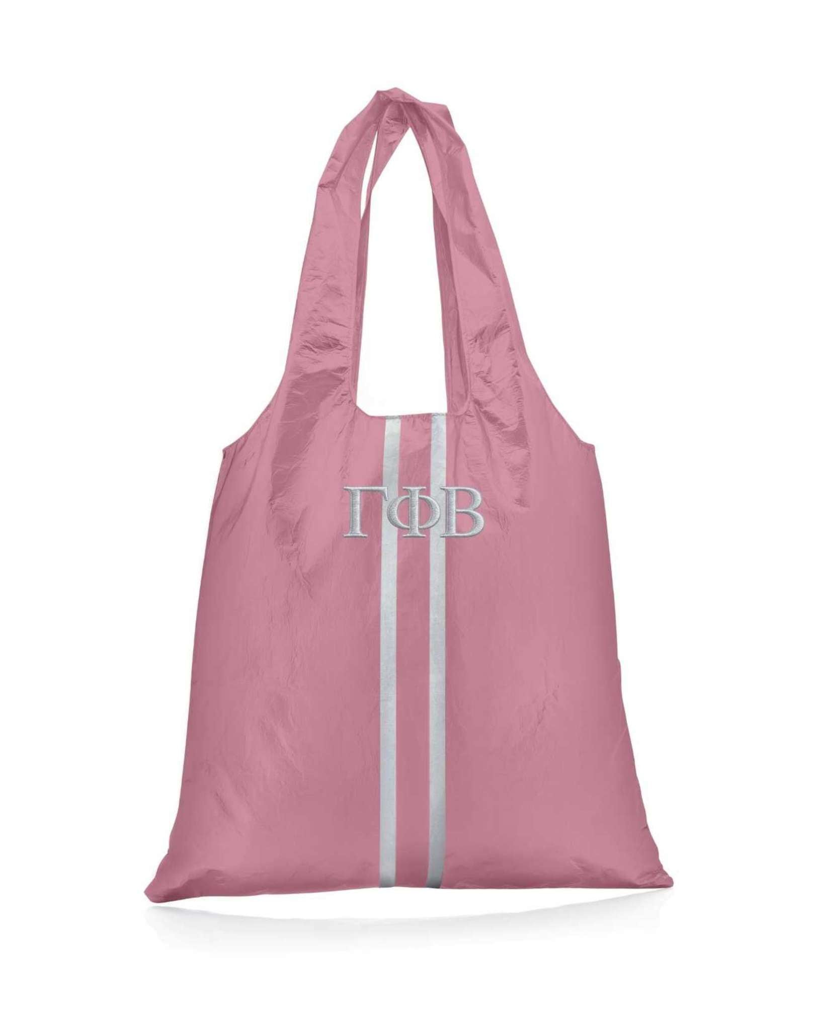 Pink tote bag with white stripes and Greek letters on a white background
