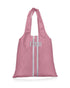 Pink tote bag with white stripes and Greek letters on a white background