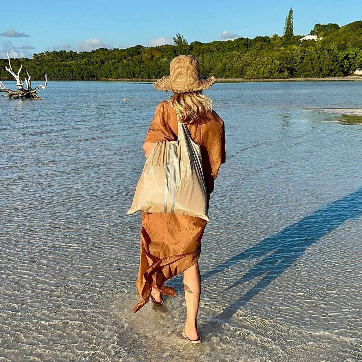 Person walking along a beach with a beige tote bag, straw hat and brown dress, surrounded by greenery and water.