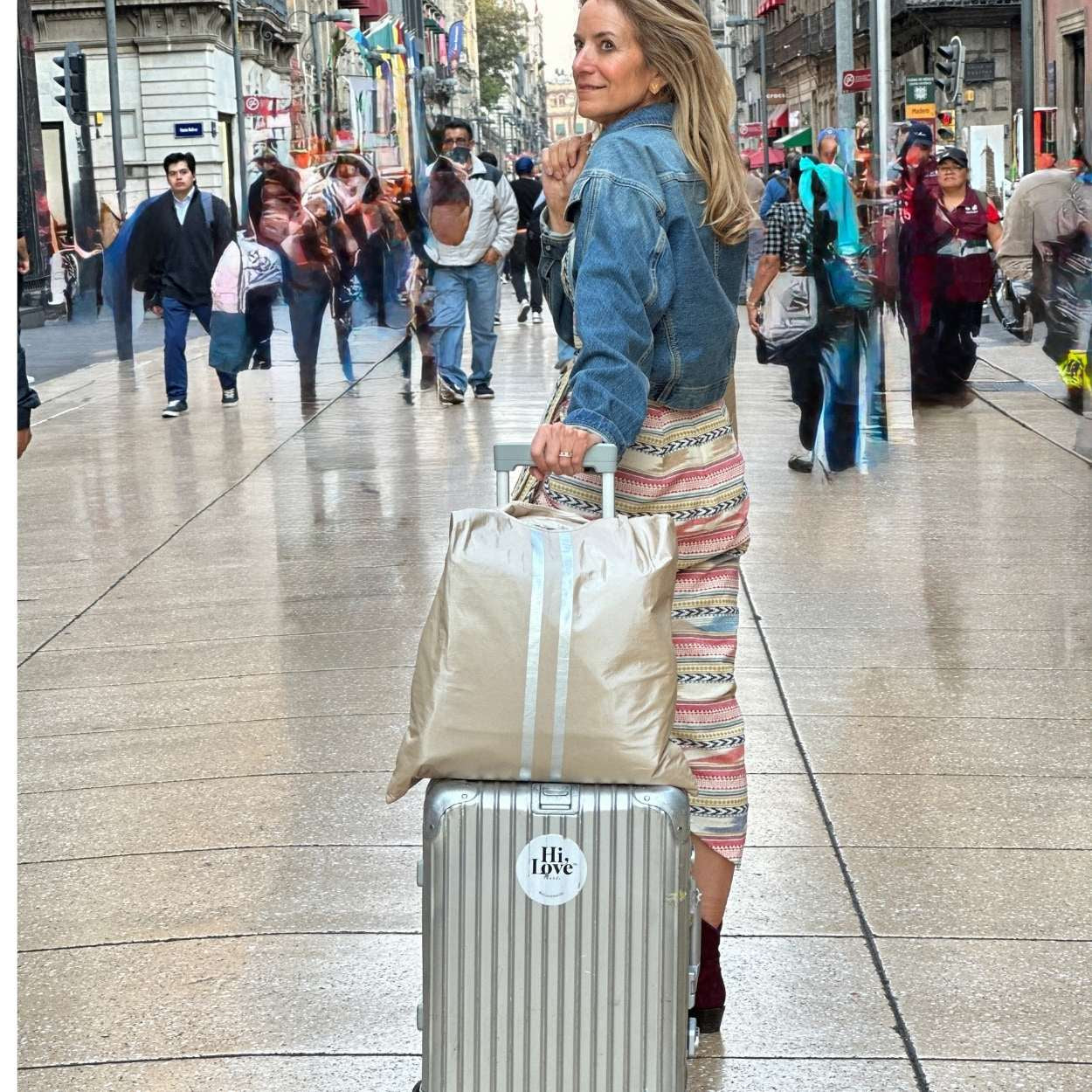 Woman with a suitcase and striped beige tote bag shopping along a busy city street