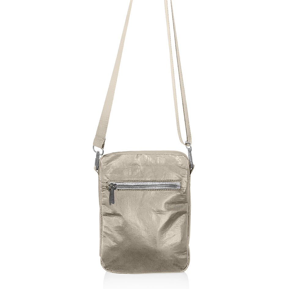 Light beige crossbody bag with a zipper on a white background