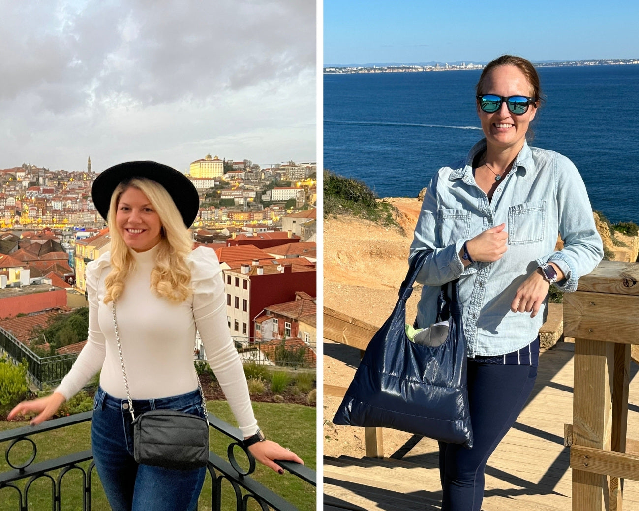 Two women carrying purses against scenic backgrounds