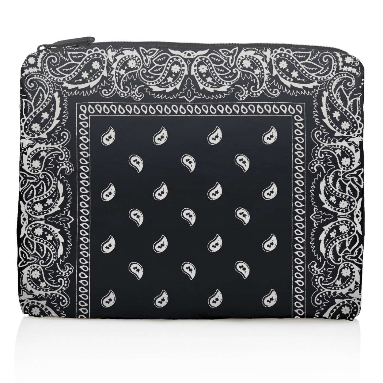 Black pouch with white paisley pattern on a white background