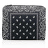 Black pouch with white paisley pattern on a white background