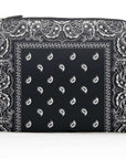 Black pouch with white paisley pattern on a white background