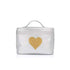 A silver metallic cosmetic carrier with a top handle and a large gold heart printed on the front, set against a plain white background.