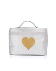 A silver metallic cosmetic carrier with a top handle and a large gold heart printed on the front, set against a plain white background.