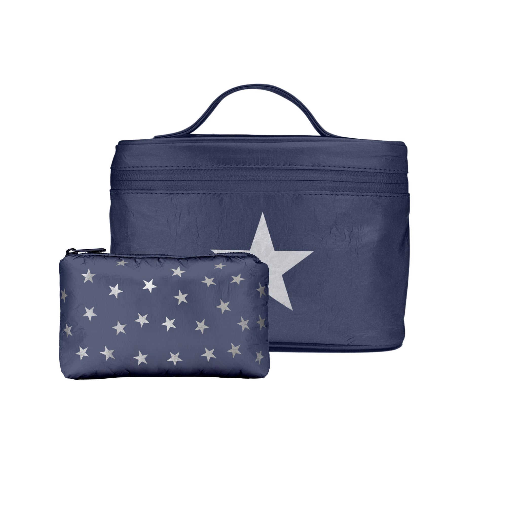 Cosmetic Case Lunchbox with handle and mini pack shimmer navy silver star
