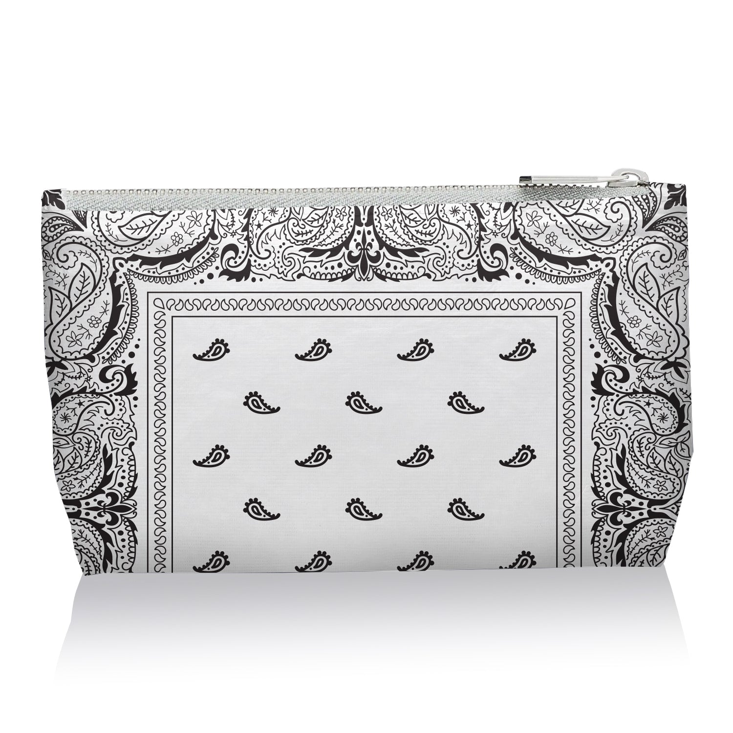 Pouch with black and white paisley pattern on a white background