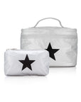 Cosmetic set with silver cosmetic case and mini pouch with black stars