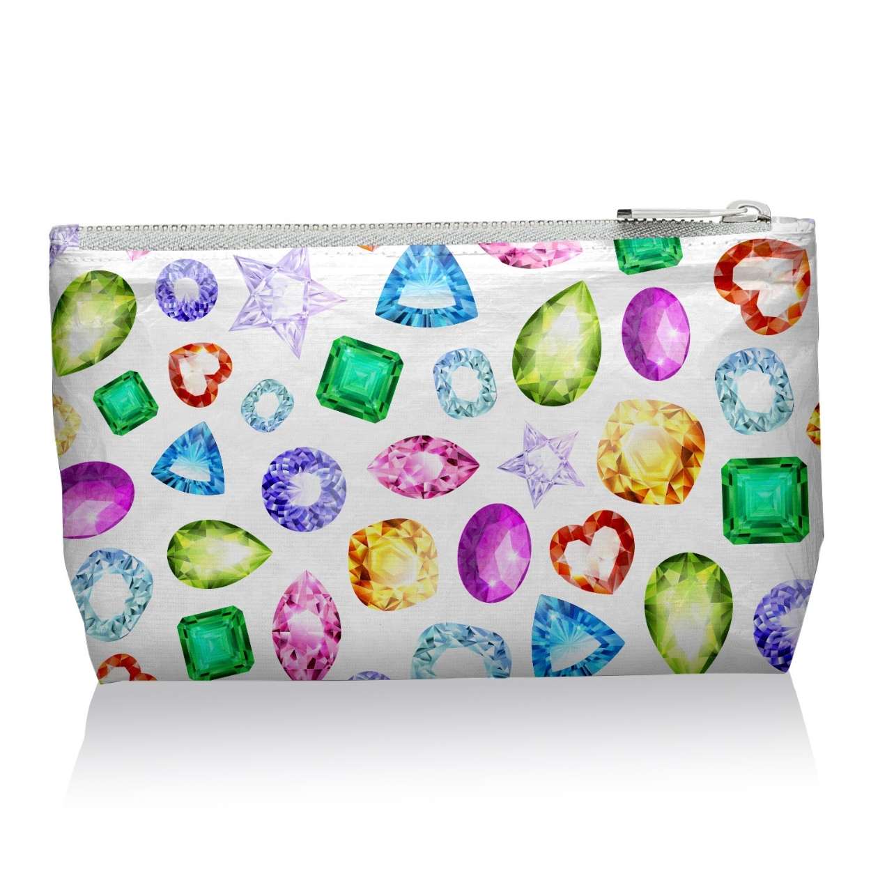 Cosmetic zipper pouch in colorful gemstone pattern on white background