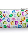 Cosmetic zipper pouch in colorful gemstone pattern on white background