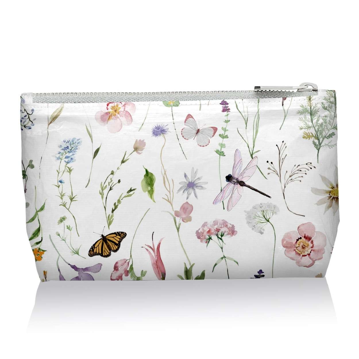 Cosmetic zipper pouch in spring wildflowers with butterflies pattern on white background
