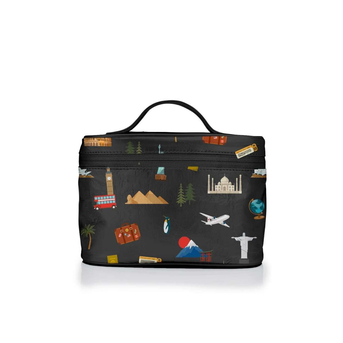 A black zippered cosmetic bag with a top handle, decorated with landmarks from the 7 continents like the eiffel tower, Big Ben, Statue of Liberty, a globe, suitcases, an airplane, and a mountain.