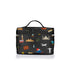 A black zippered cosmetic bag with a top handle, decorated with landmarks from the 7 continents like the eiffel tower, Big Ben, Statue of Liberty, a globe, suitcases, an airplane, and a mountain.