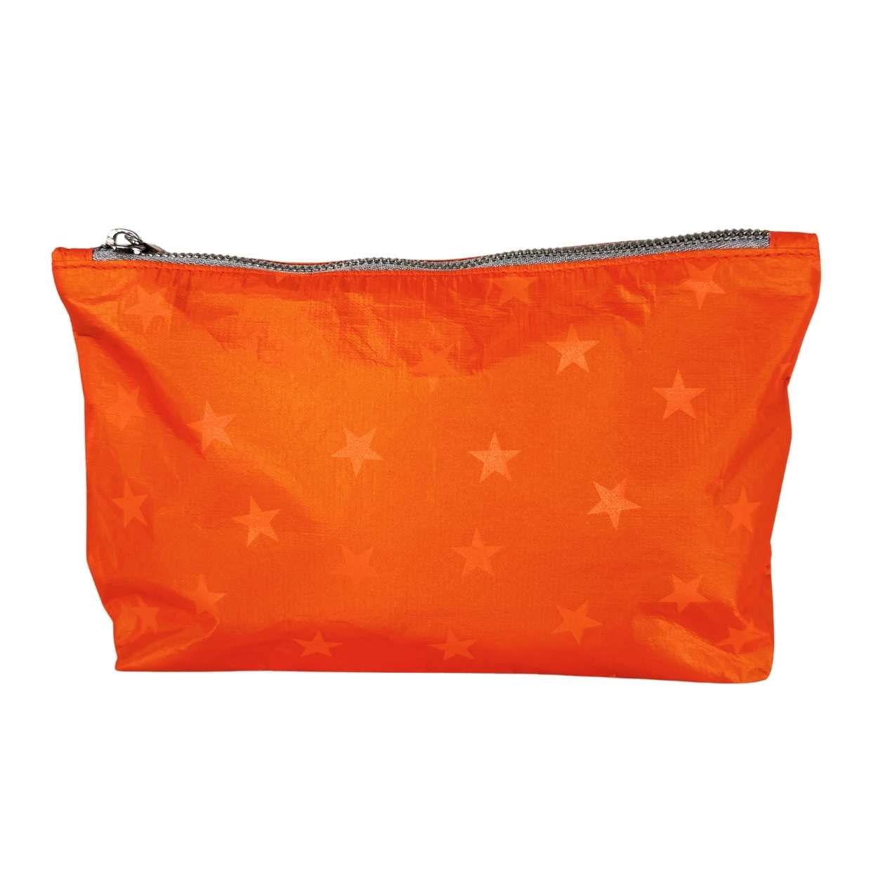 Orange pouch with star pattern and zipper on a white background
