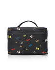 Black cosmetic bag with colorful butterfly pattern on a white background