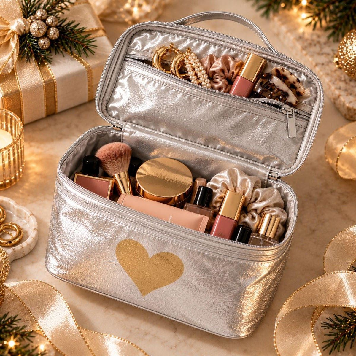 Cosmetic Toiletry Bag with makeup and hair essentials set against a holiday background.
