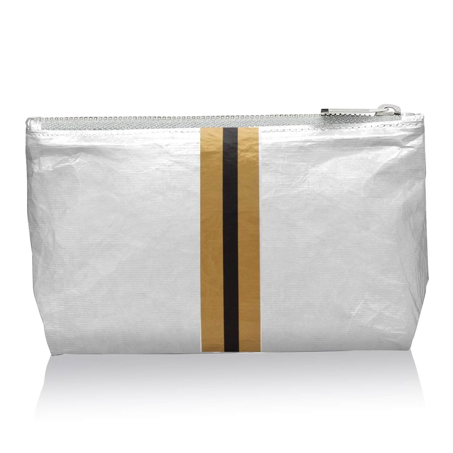 Silver pouch with gold and black stripes on a white background