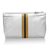 Silver pouch with gold and black stripes on a white background