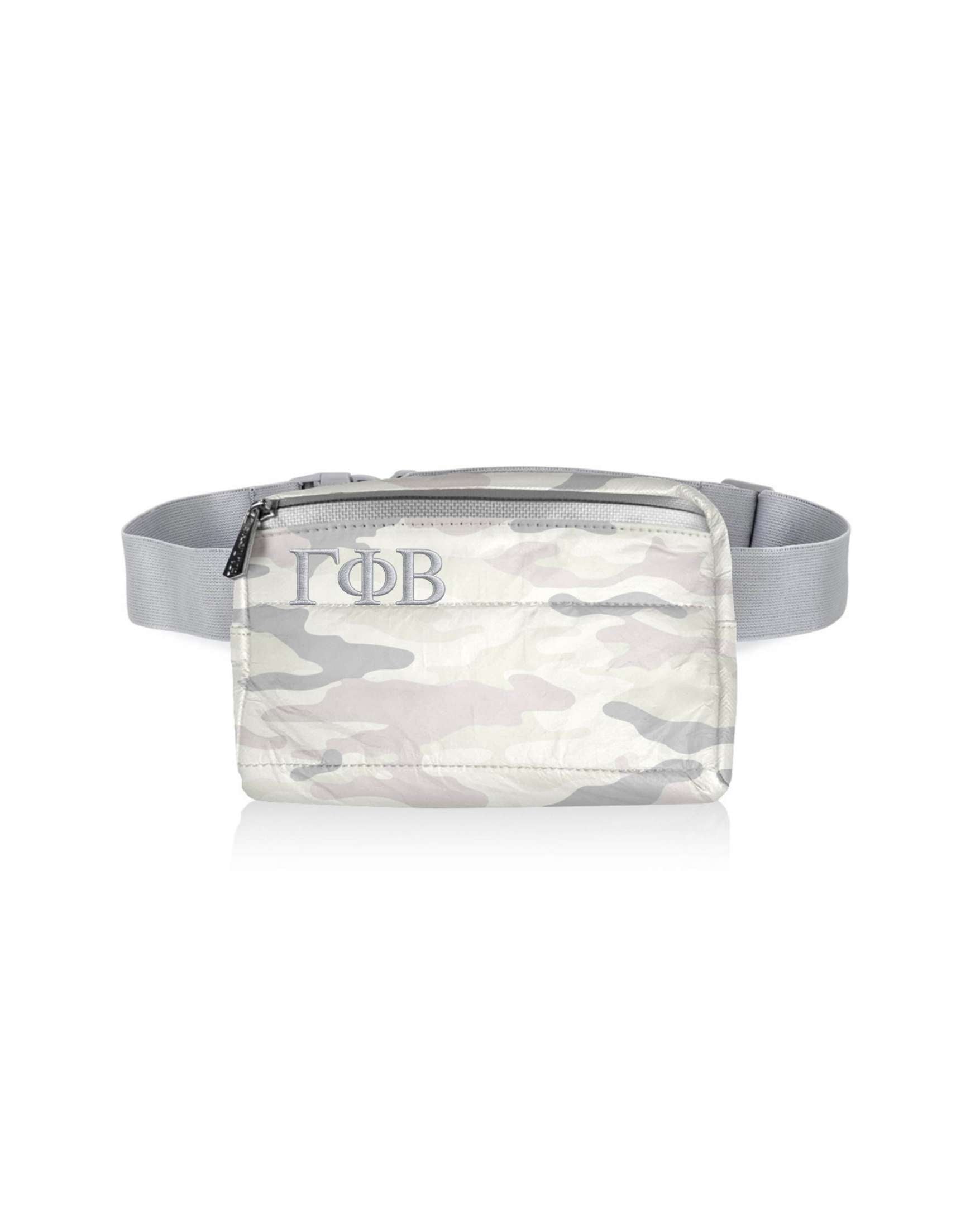 Camo-pattern fanny pack with 'Gamma Phi Beta' greek letters on a white background