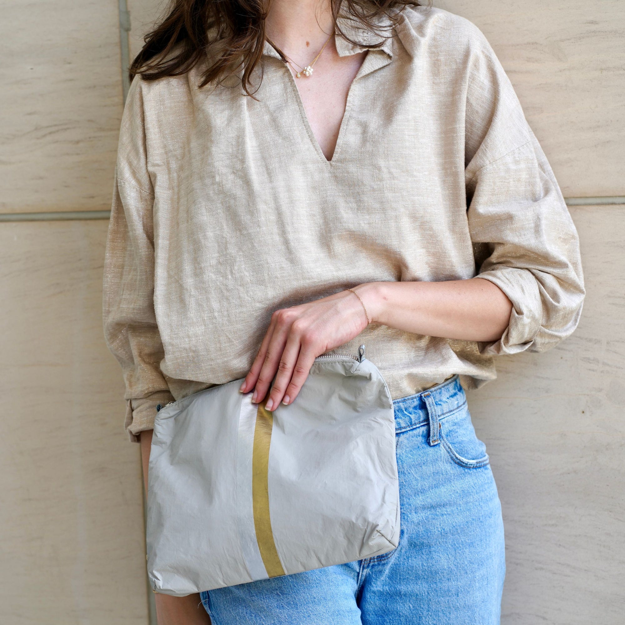 crossbody tote bags for travel Crossbody Purse in Earth Gray with Silver & Gold Stripes