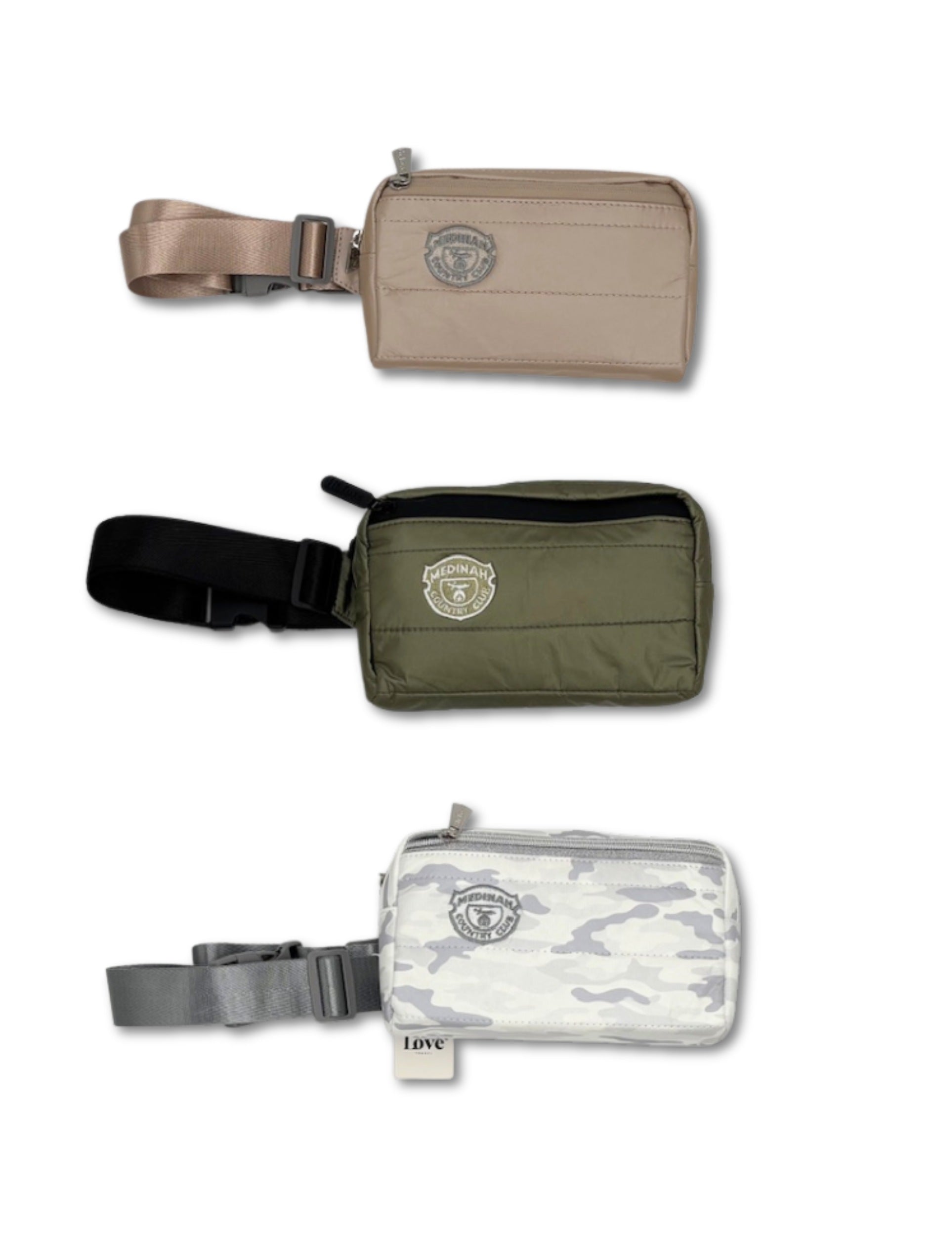 Three crossbody waist bags in different colors on a white background